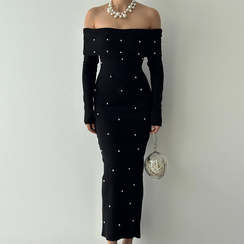 Beaded Off-Shoulder Dress Autumn Chic Slim Evening Gown