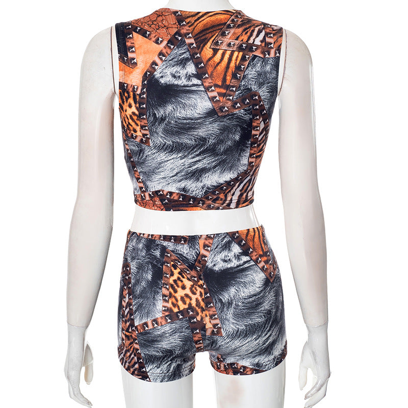 Women Autumn and Winter Leopard Print Sleeveless Crop Top and Shorts Two Piece Set 6