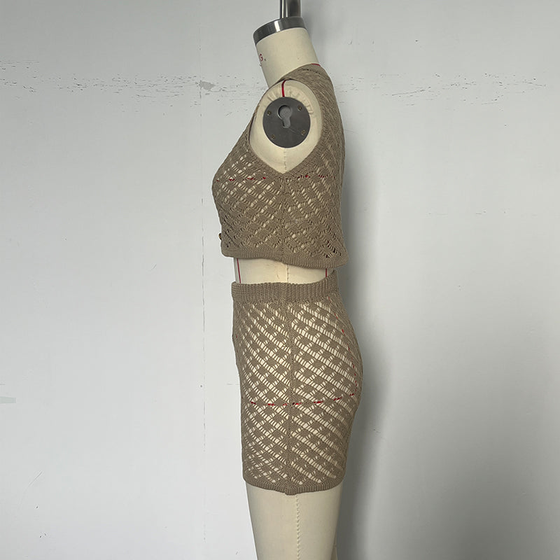 Button Vest Short Skirt Fashion Sunscreen Beach Two-piece Set 14