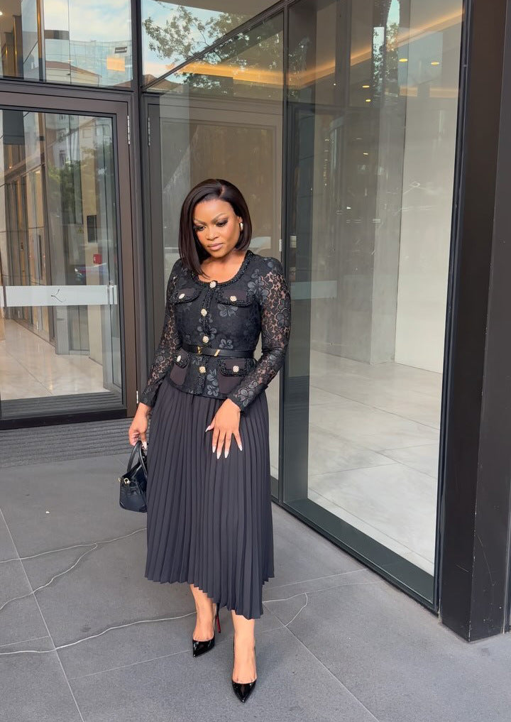 Women French Beaded Metal Button Square Collar Lace Patchwork Pleated Dress 3