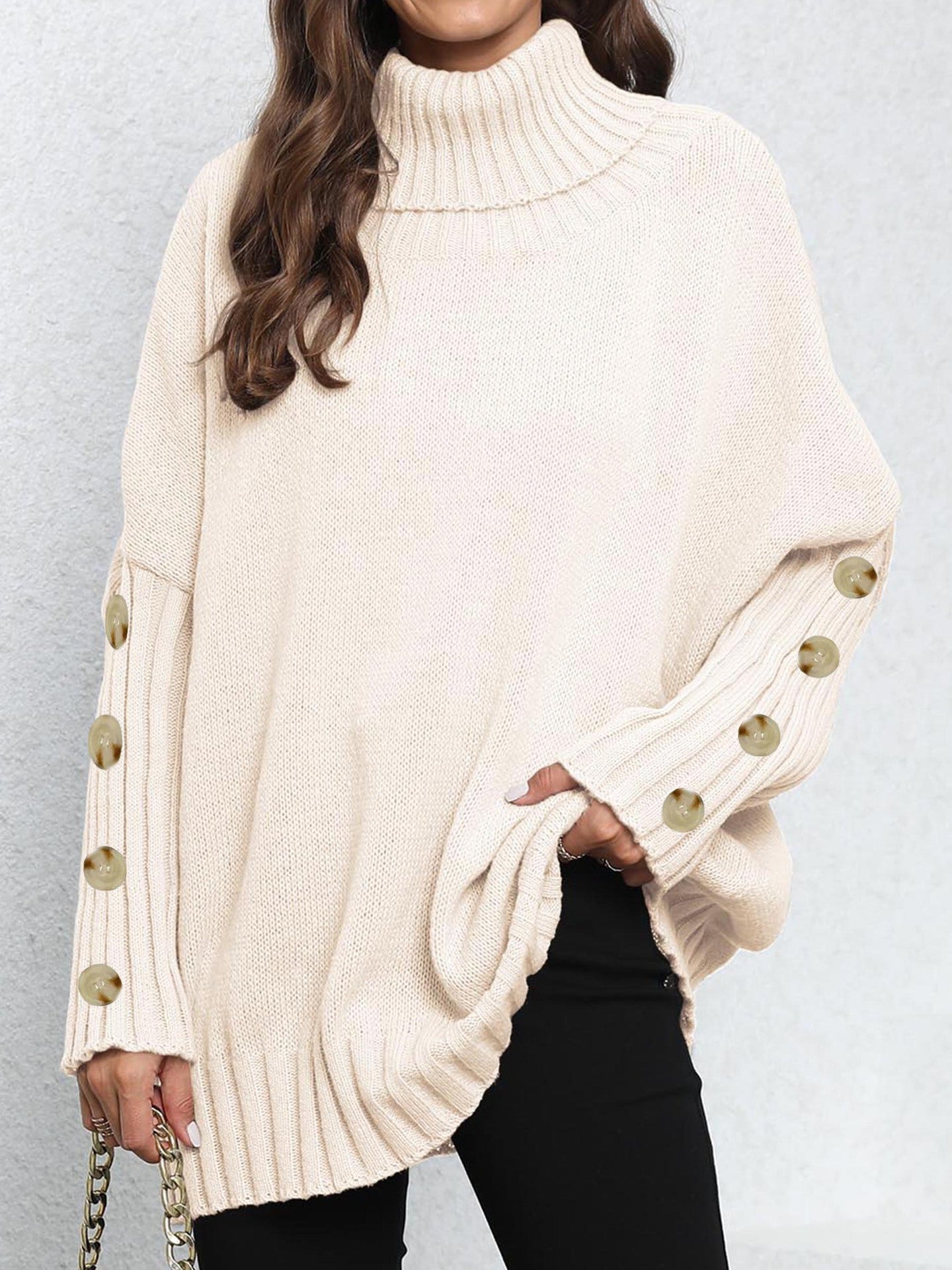 Women Pullover Women Button Knitting Solid Color High Neck Loose Knitted Sweater Tops 6