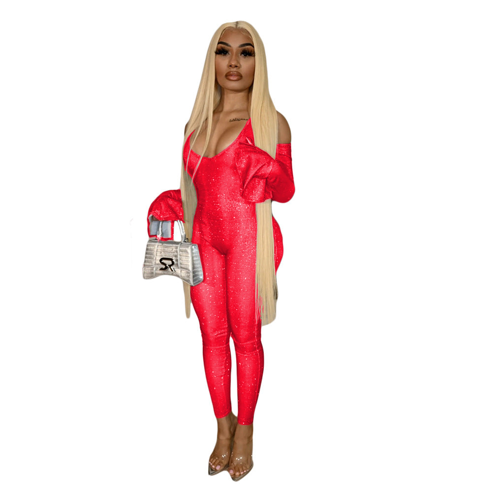 Autumn Winter Women's Tight Fitting Bell Sleeve Jumpsuit 6