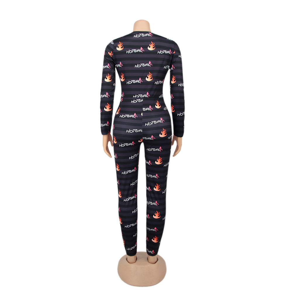 Women Round Neck Long Sleeve Printed Jumpsuit 24
