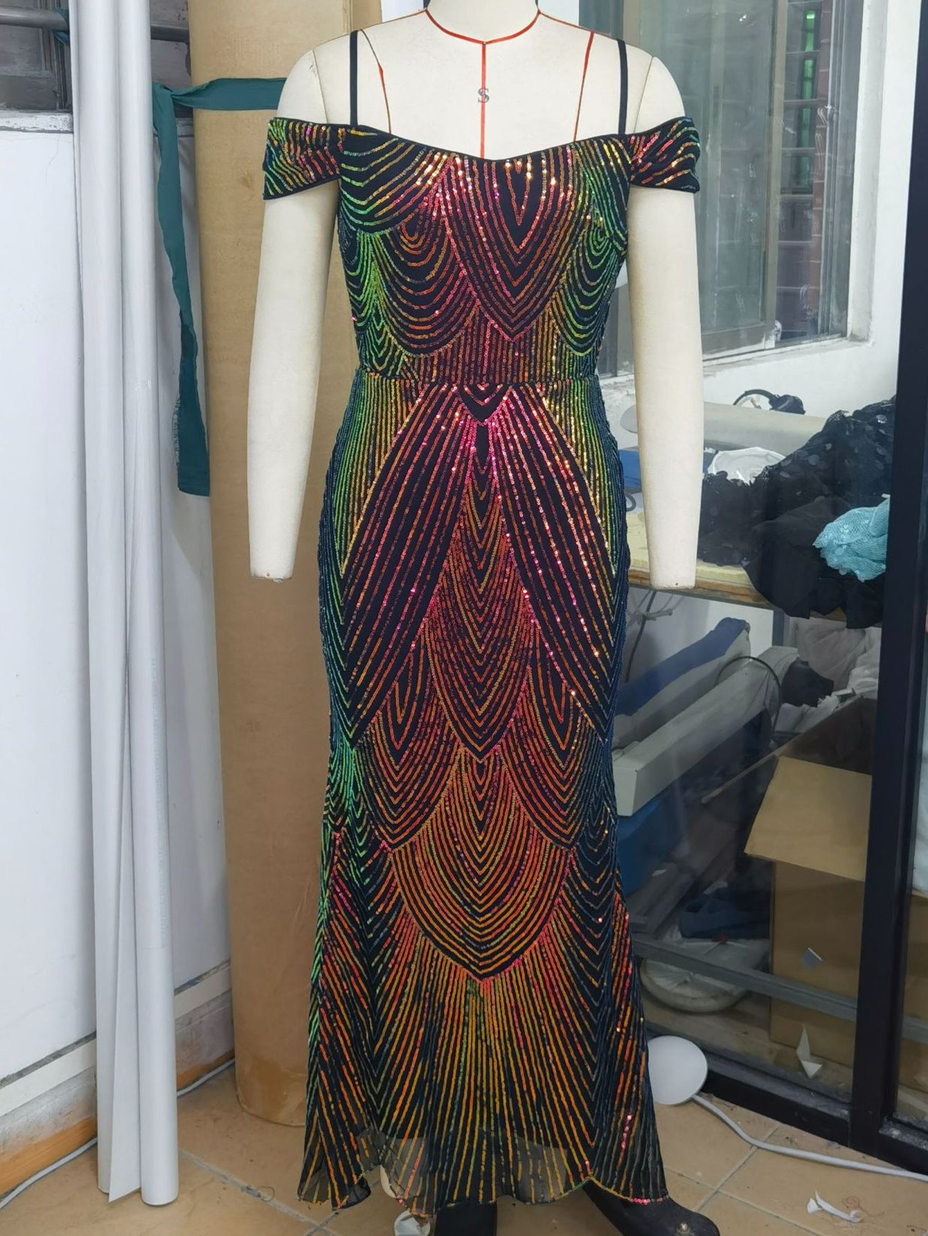 Sexy Sequined Strap Off Shoulder Women's Ball Evening Dress 19