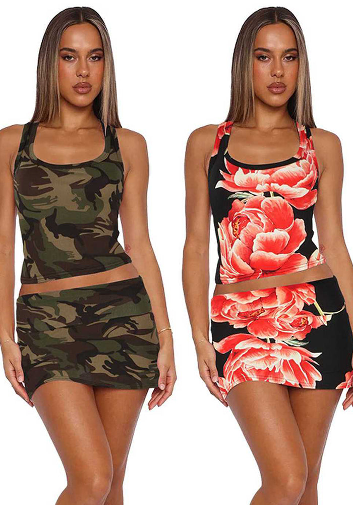 Women Sexy Printed Tank Top and Mini Skirt Set