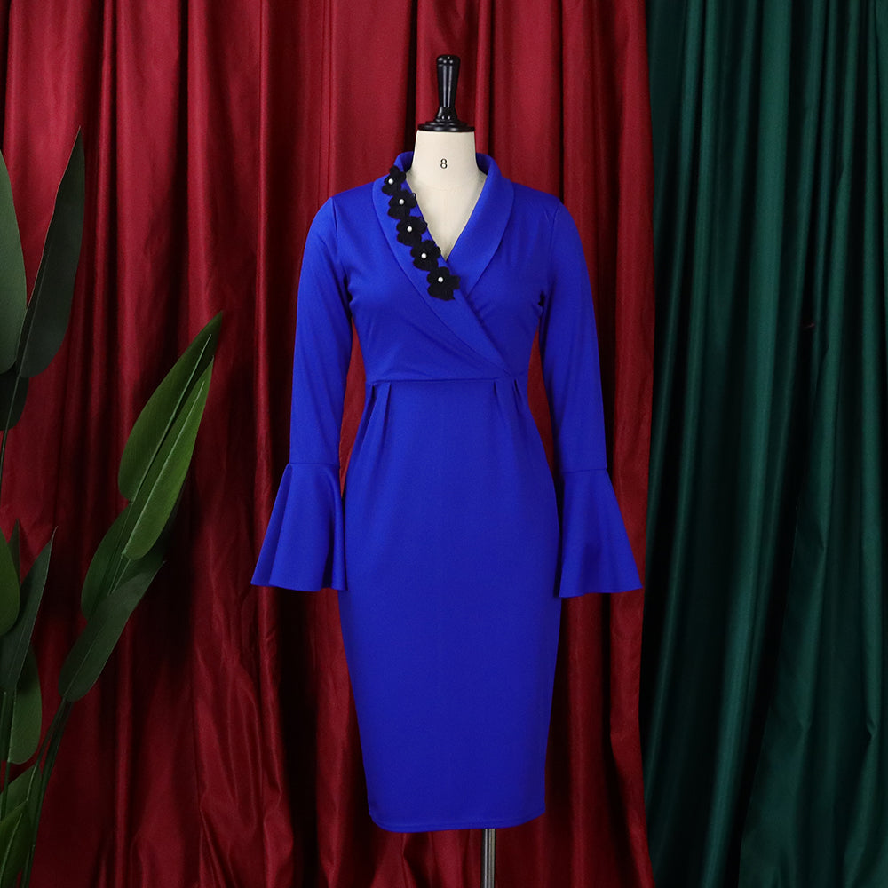 Women's Fall Winter V-Neck Chic Elegant Bell Bottom Sleeve Slit Bodycon Dress 17