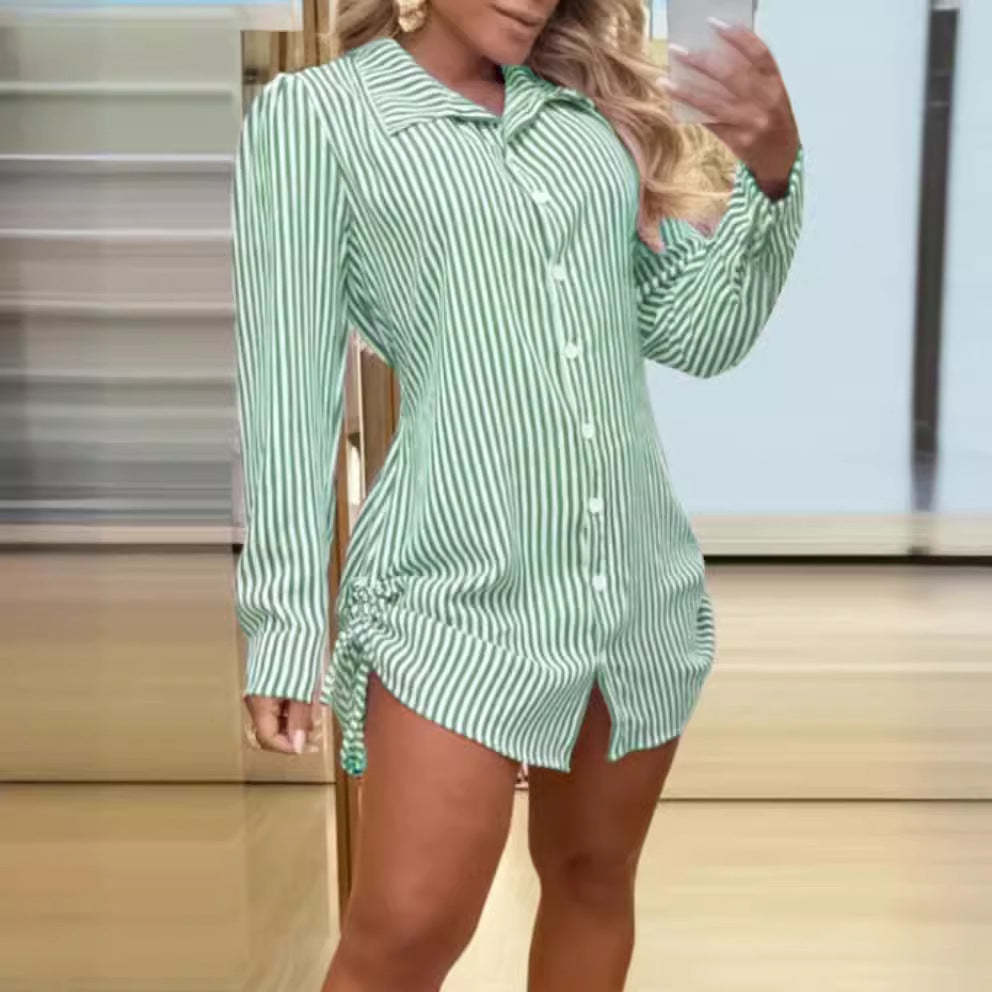 Women Sexy Drawstring Shirt Dress 7