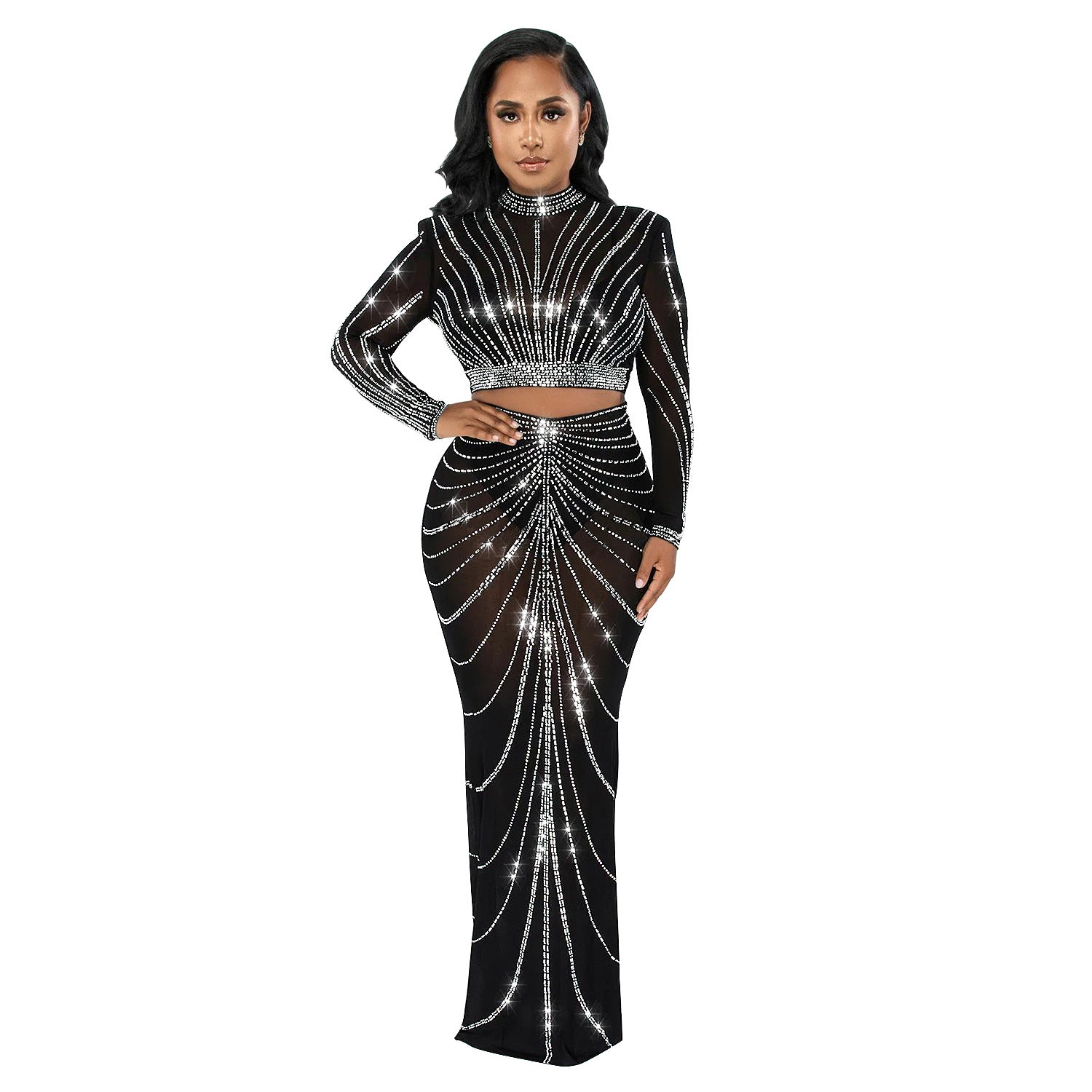 Women's Fashion Mesh Beaded See-Through Long Sleeve Long Dress Two Piece 12