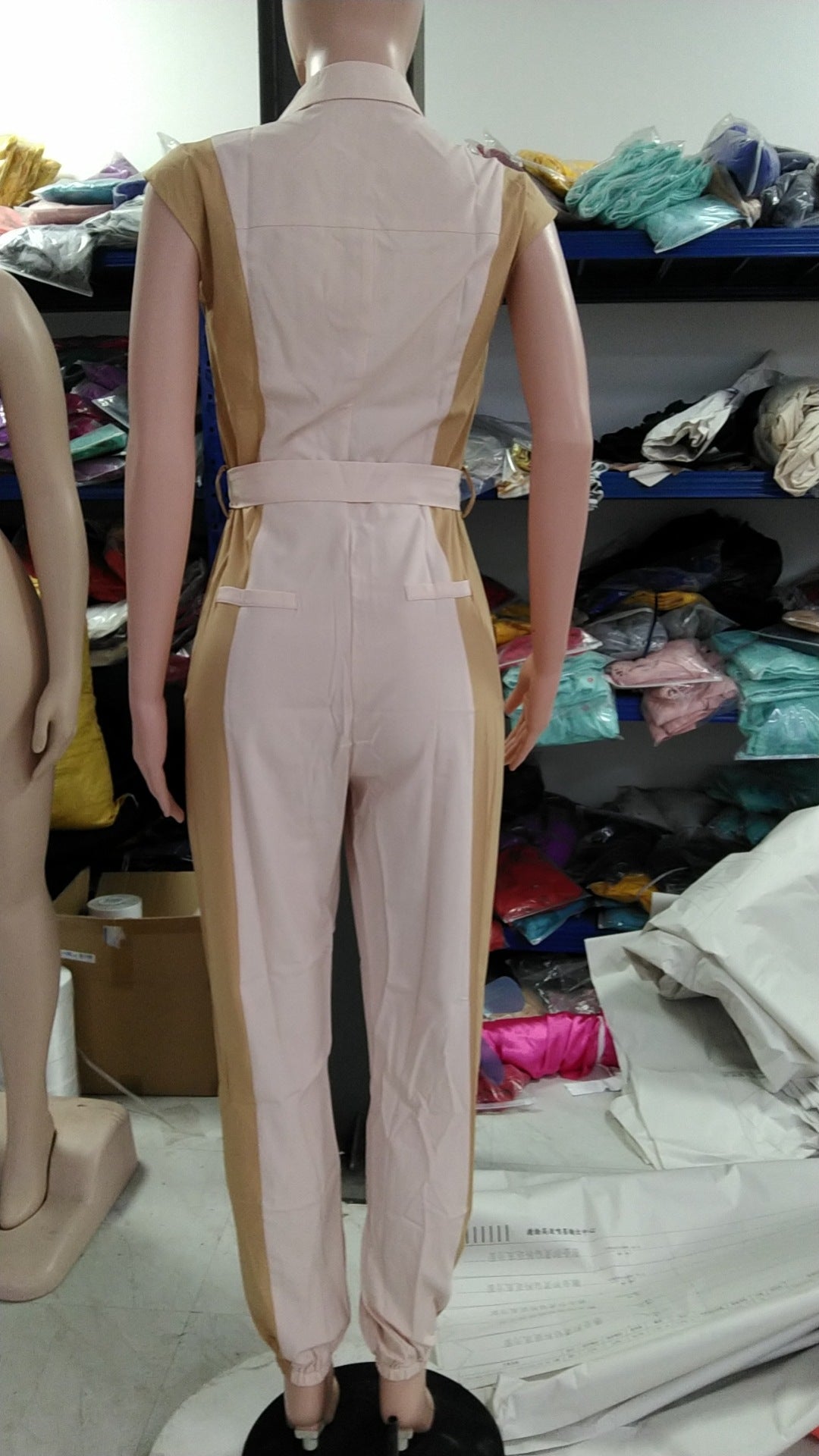 Women's Color Matching Fashion Turndown Collar Button Belt Jumpsuit 9