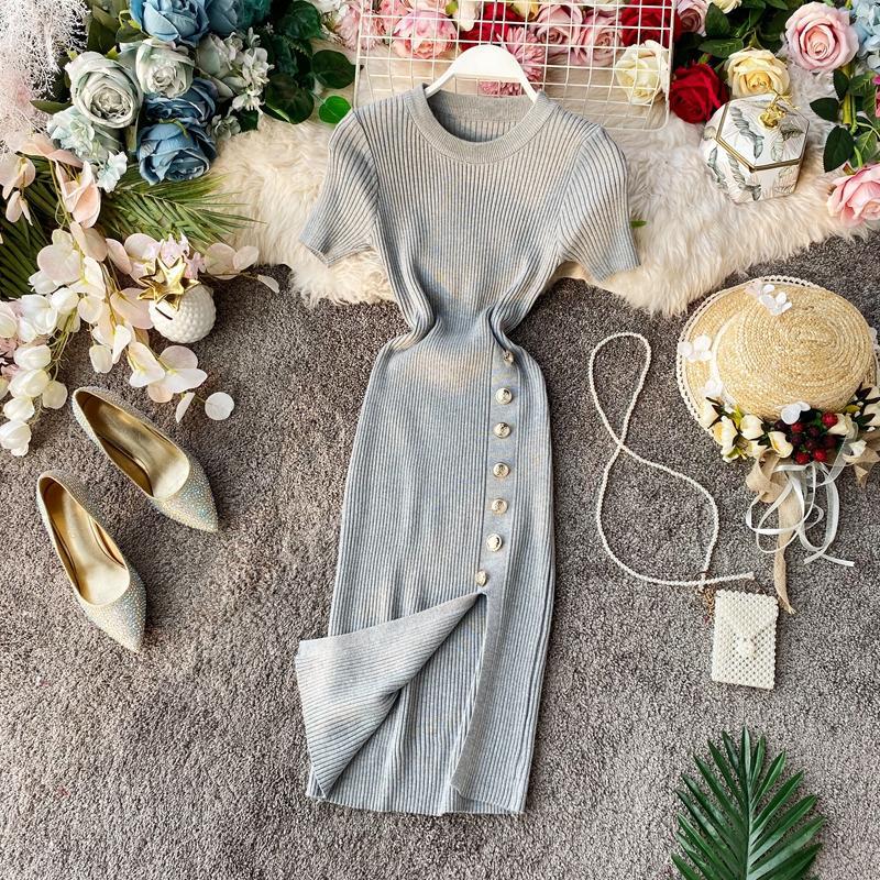 Summer Solid Color Round Neck Button Slim Short Sleeve Elastic Knitting Slit Bodycon Dress 4