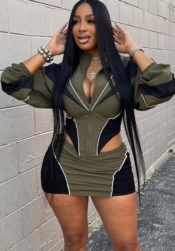 Autumn Sexy Sports Style Loose Casual Contrast Color Long Sleeve Jacket Short Skirt Women Two Piece Set