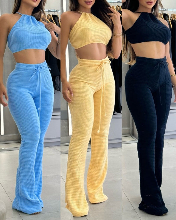 Women Waffle Knitting Sexy Suspender Casual Top Long Pants Two-Piece Set 9