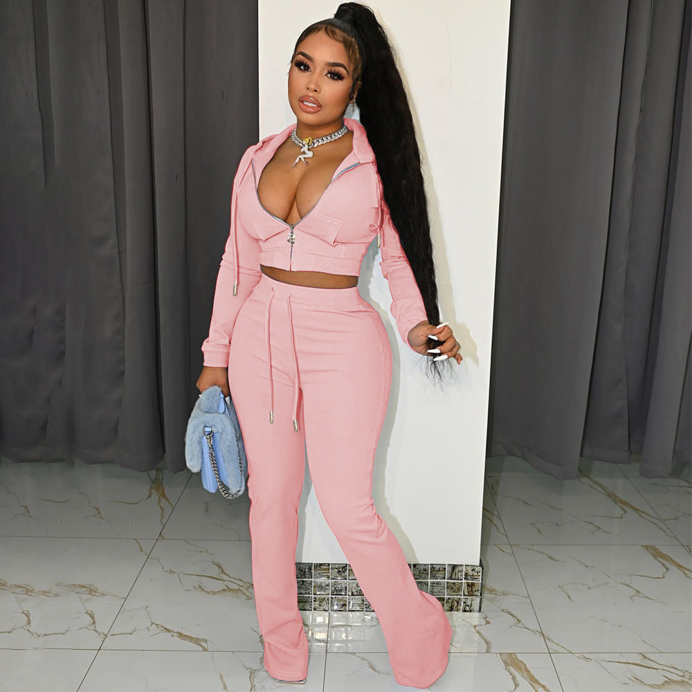 Women's Fashion Solid Color Pocket Zipper Hooded Casual Jacket Bell Bottom Pants Two Piece Set 6