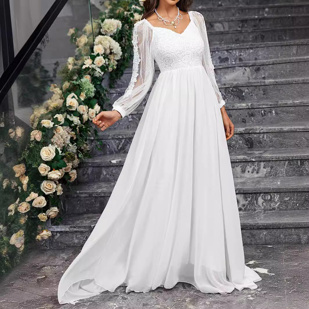 Solid Color Elegant V-Neck Slim Long-Sleeved Wedding Dress Tail Formal Party Gown 5