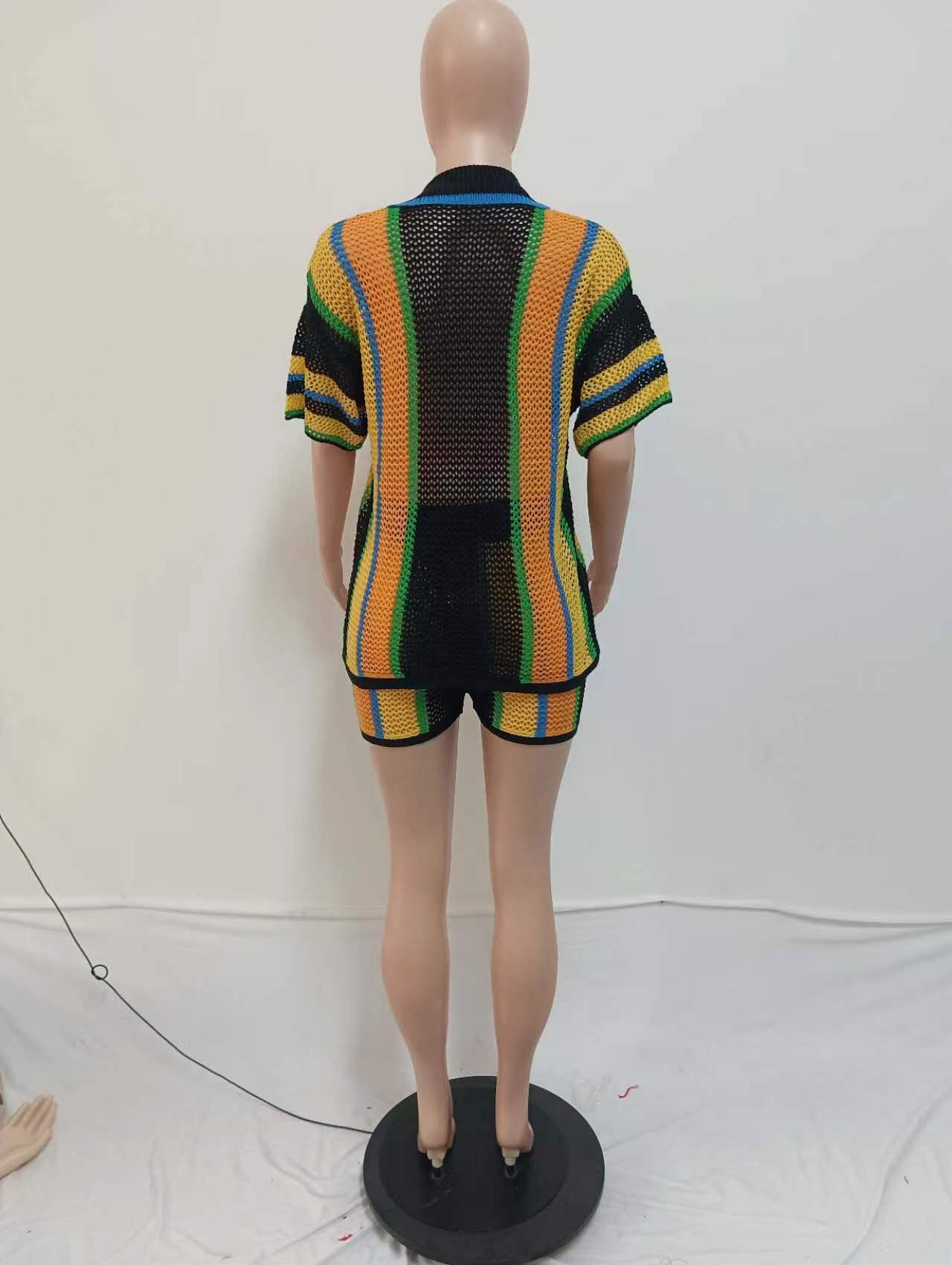 Women's Sexy Hollow See-Through Turndown Collar Knitting Two Piece Shorts Set 27