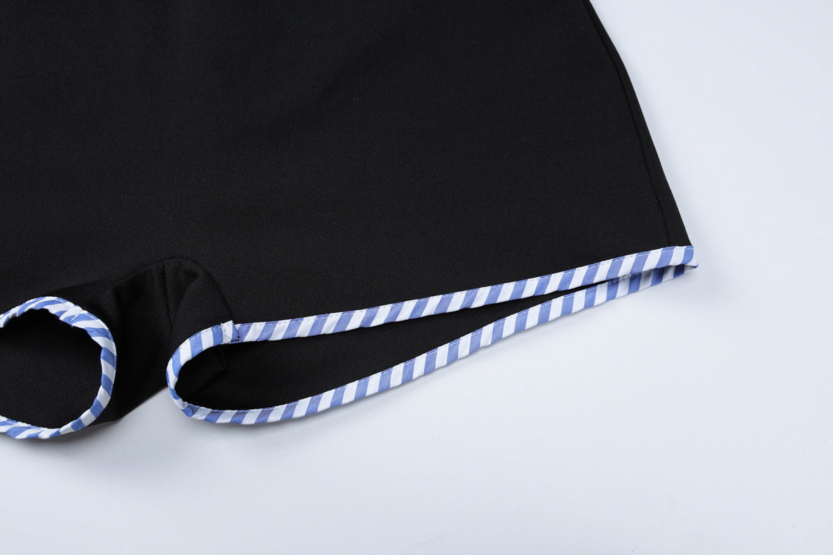 Women's Off Shoulder Striped Shirt Style Irregular Patchwork Lace-Up Top Shorts Two-Piece Set 13