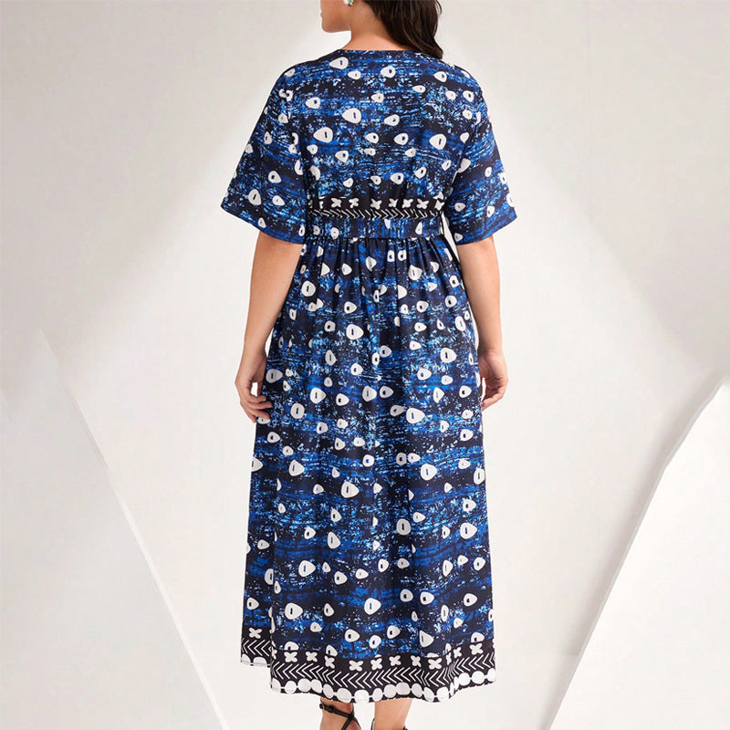 Women Spring Summer Blue Printed V-Neck Lace-Up Dress 3