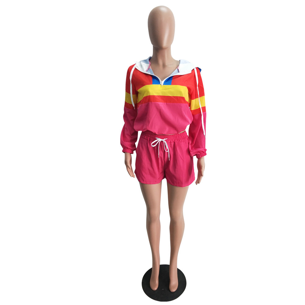 Women’s Casual Spring Color Block Patchwork Two-Piece Hooded Shorts Set 7