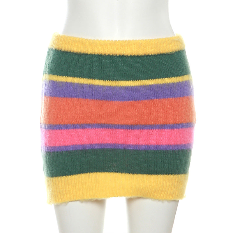 Autumn Women's Sexy Knitting Long-Sleeved Contrast Color Top High Waist Bodycon Skirt Suit For Women 14