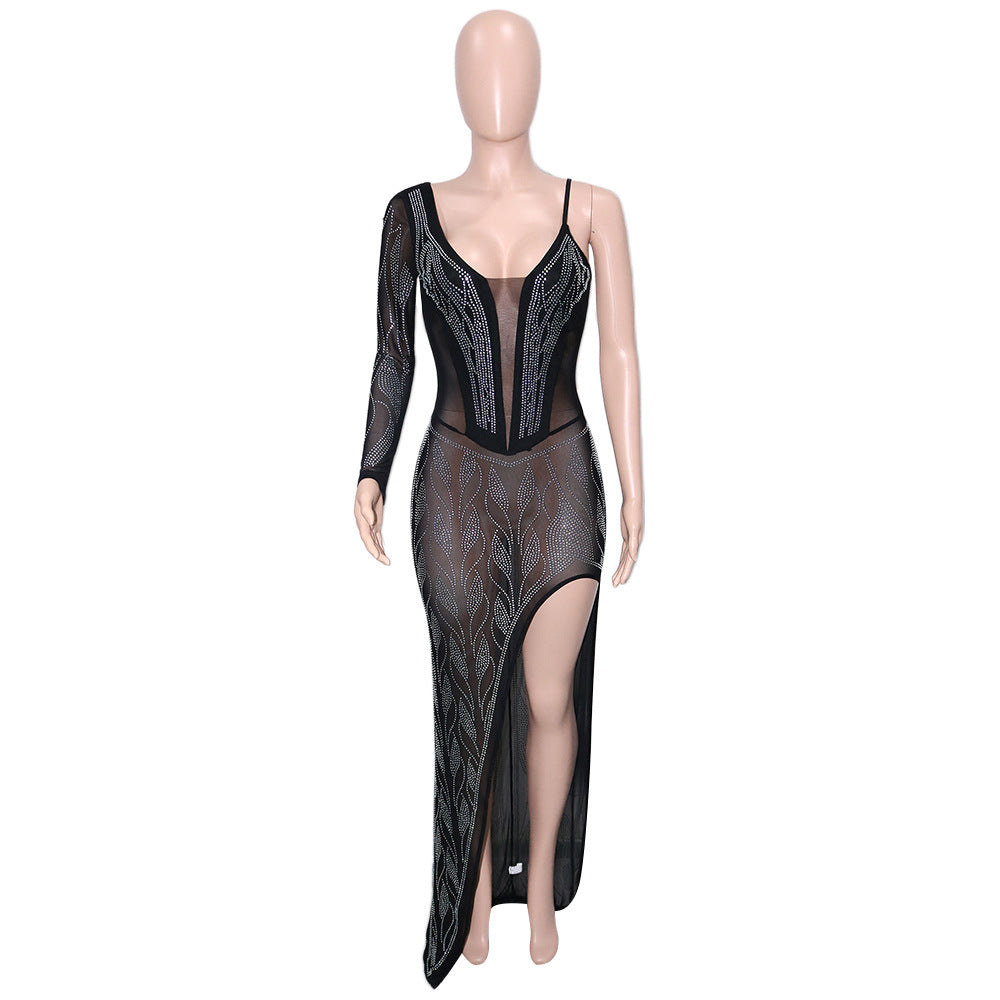 Women Sexy See-Through Beaded Long Sleeve Dress 10