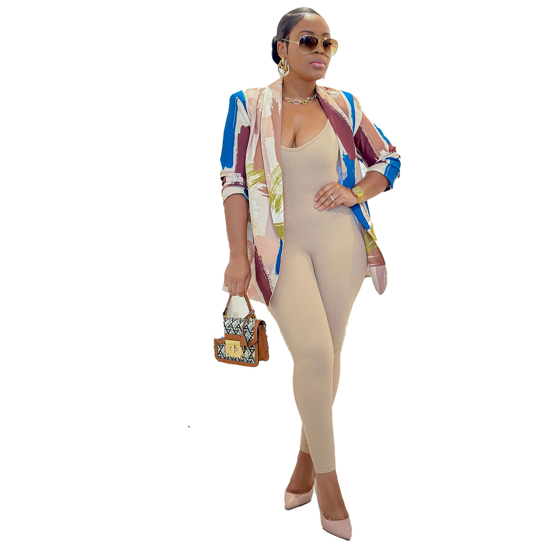 Women's Print Turndown Collar V-Neck Long-Sleeved Blazer 13