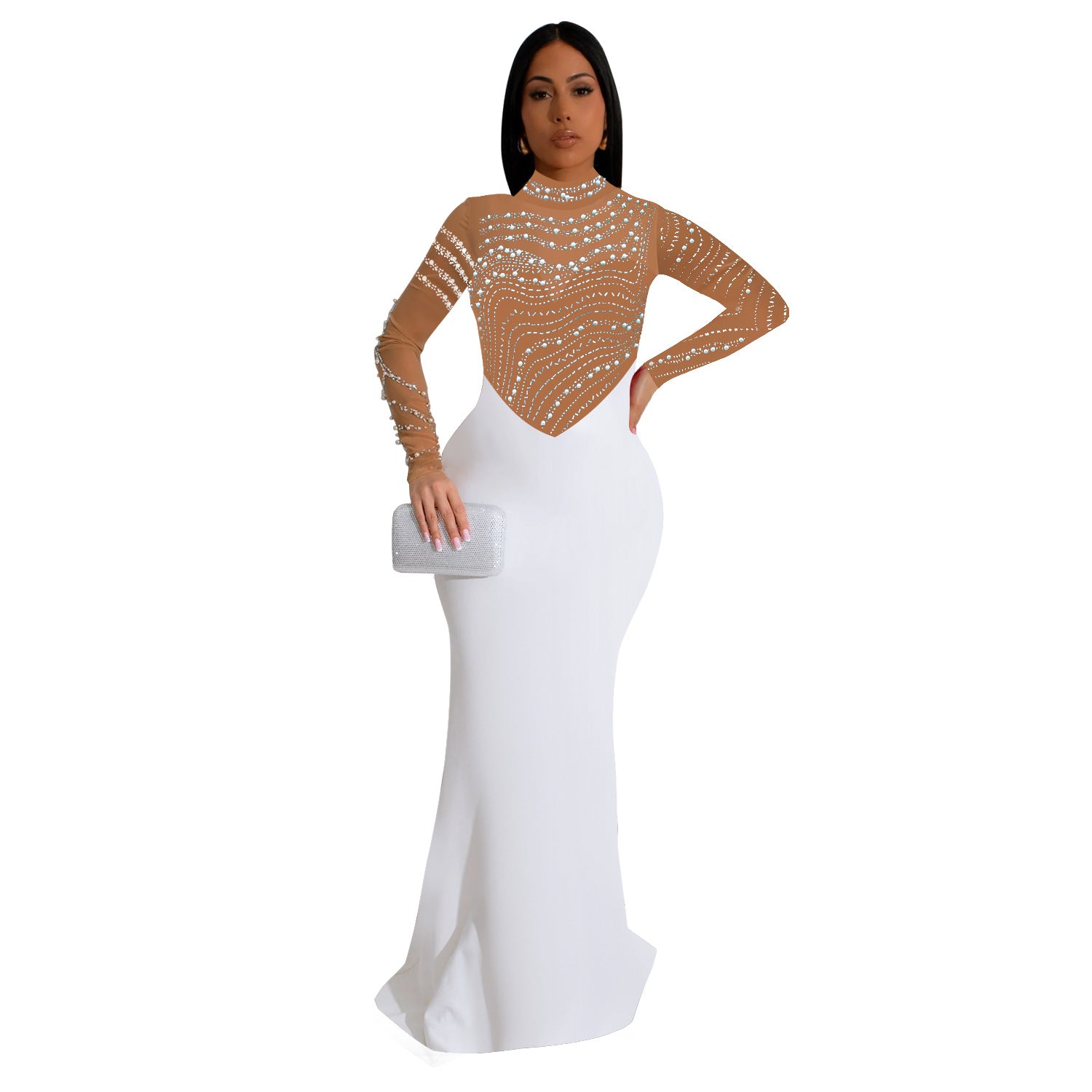 Fashionable women's solid color Beaded long dress 11