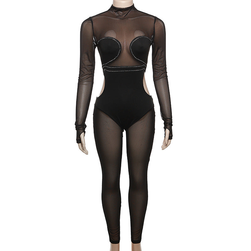Women's Autumn and Winter mesh Patchwork Beaded See-Through Sexy Tight Fitting Butt Lift Jumpsuit 12