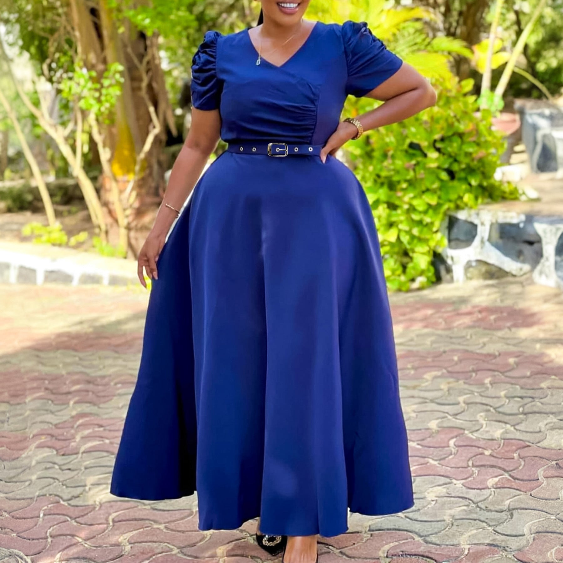 Elegant V-Neck Short Sleeve Solid Color High-Waist Swing Long Dress 4