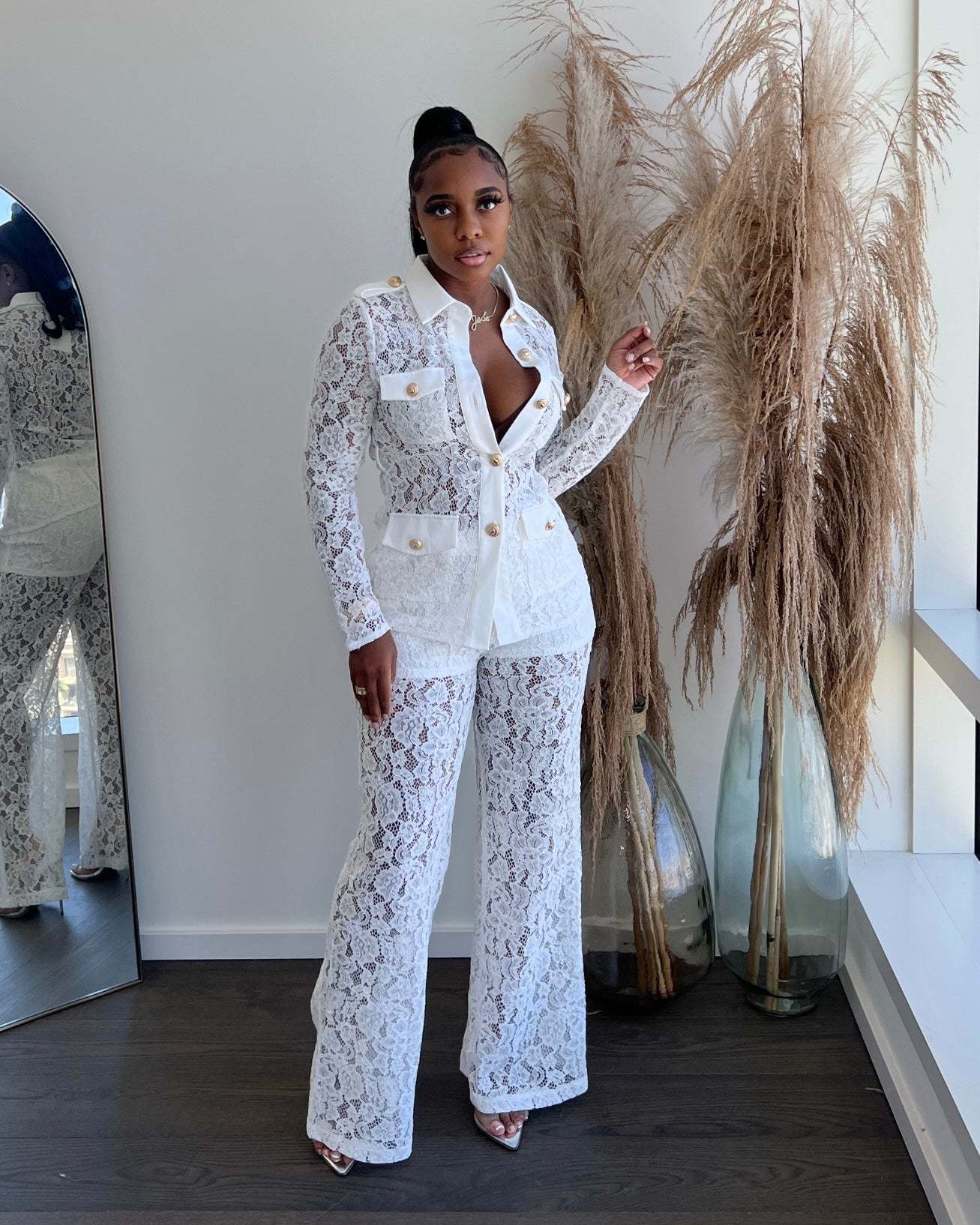 Women Fall Turndown Collar Long Sleeve Top and Pants Two-piece Set