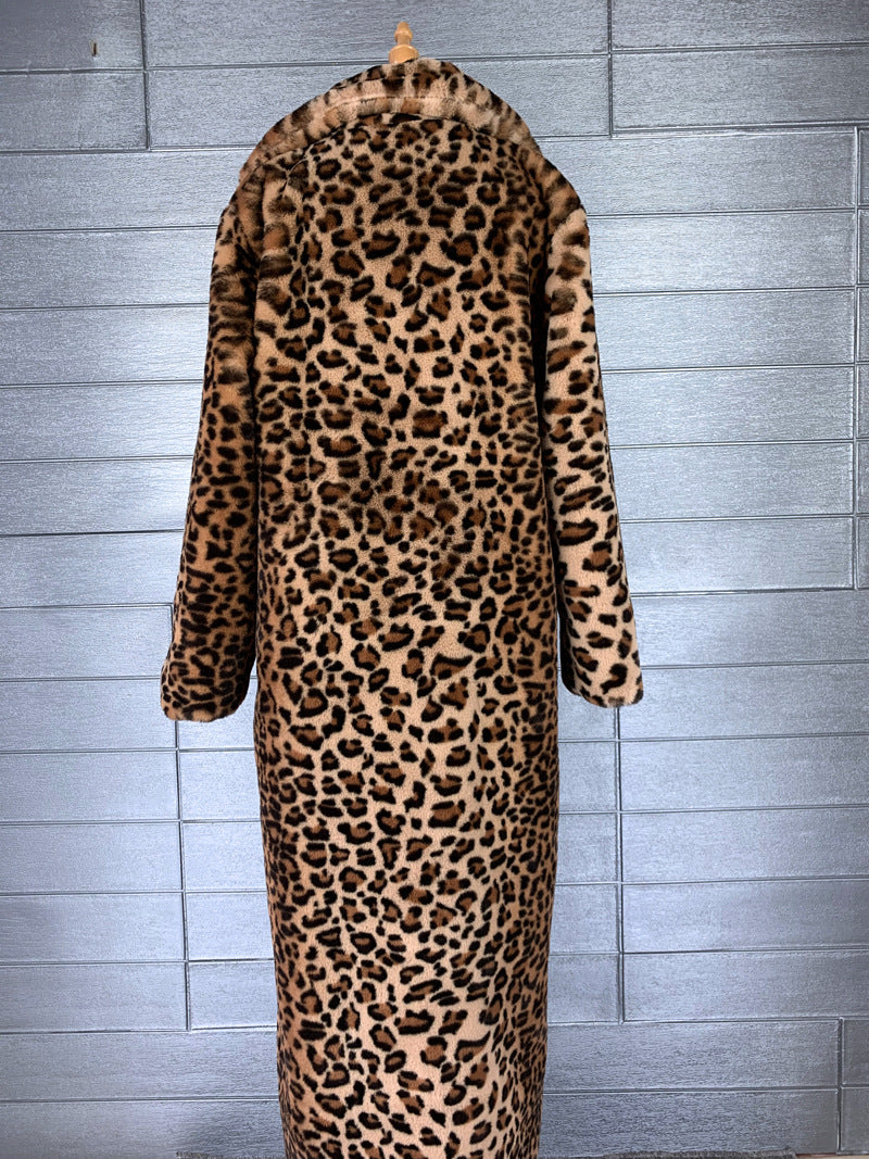 Women Leopard Turndown Collar Furry Long Coat 13