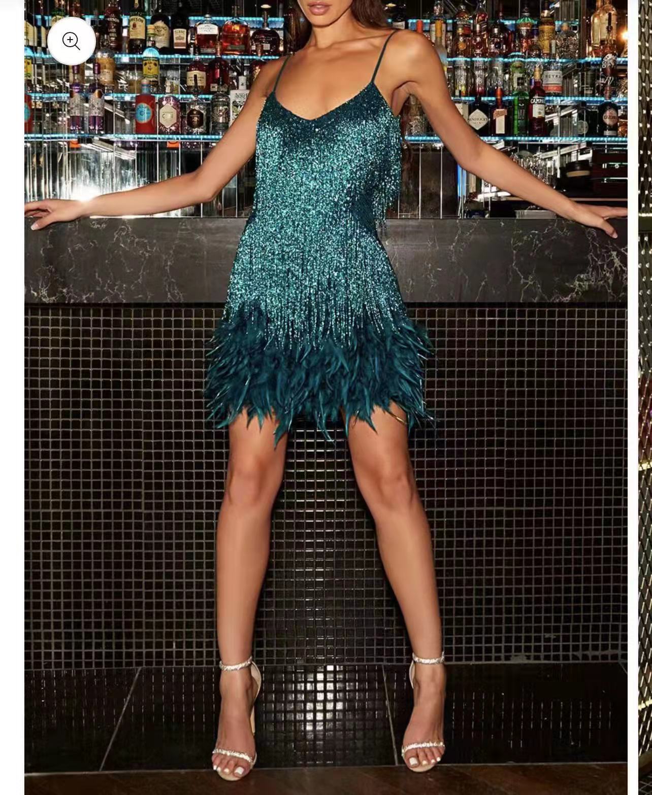 Women Fringe Sequin Feather Dress Dresses 10