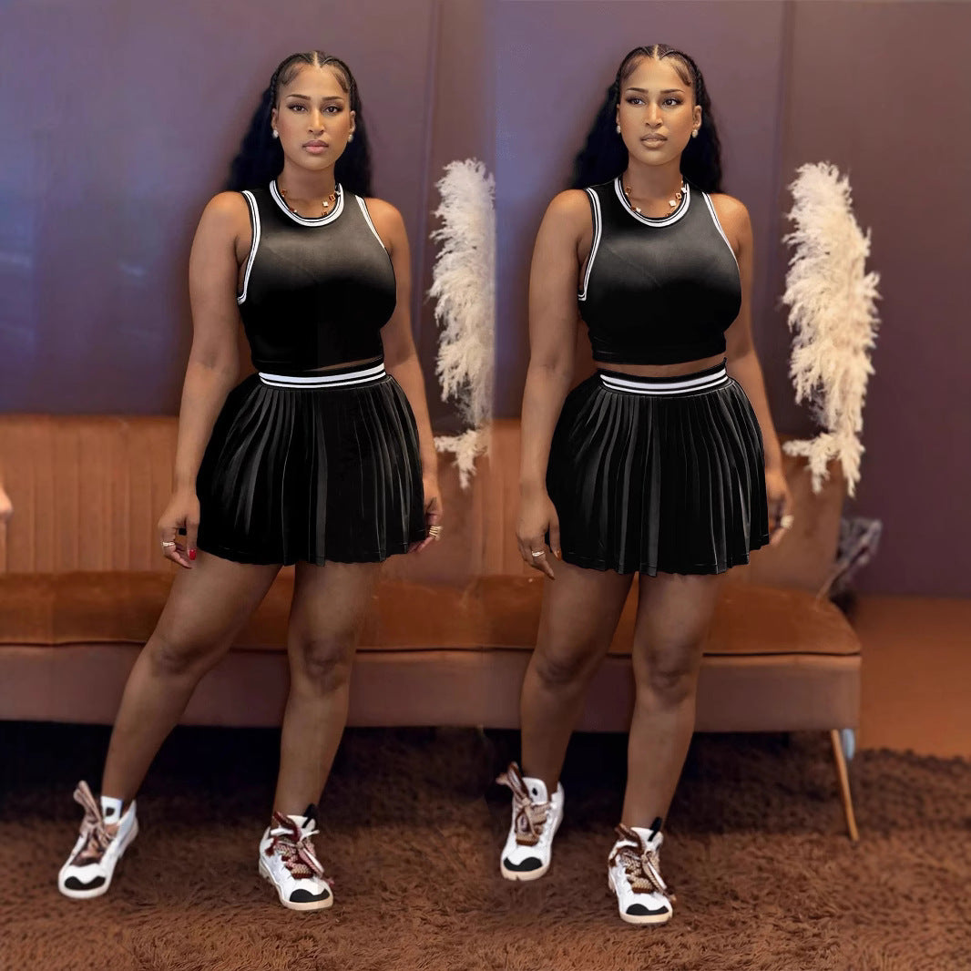 Women's Sleeveless Pleated Vest and Skirt Casual Set 9