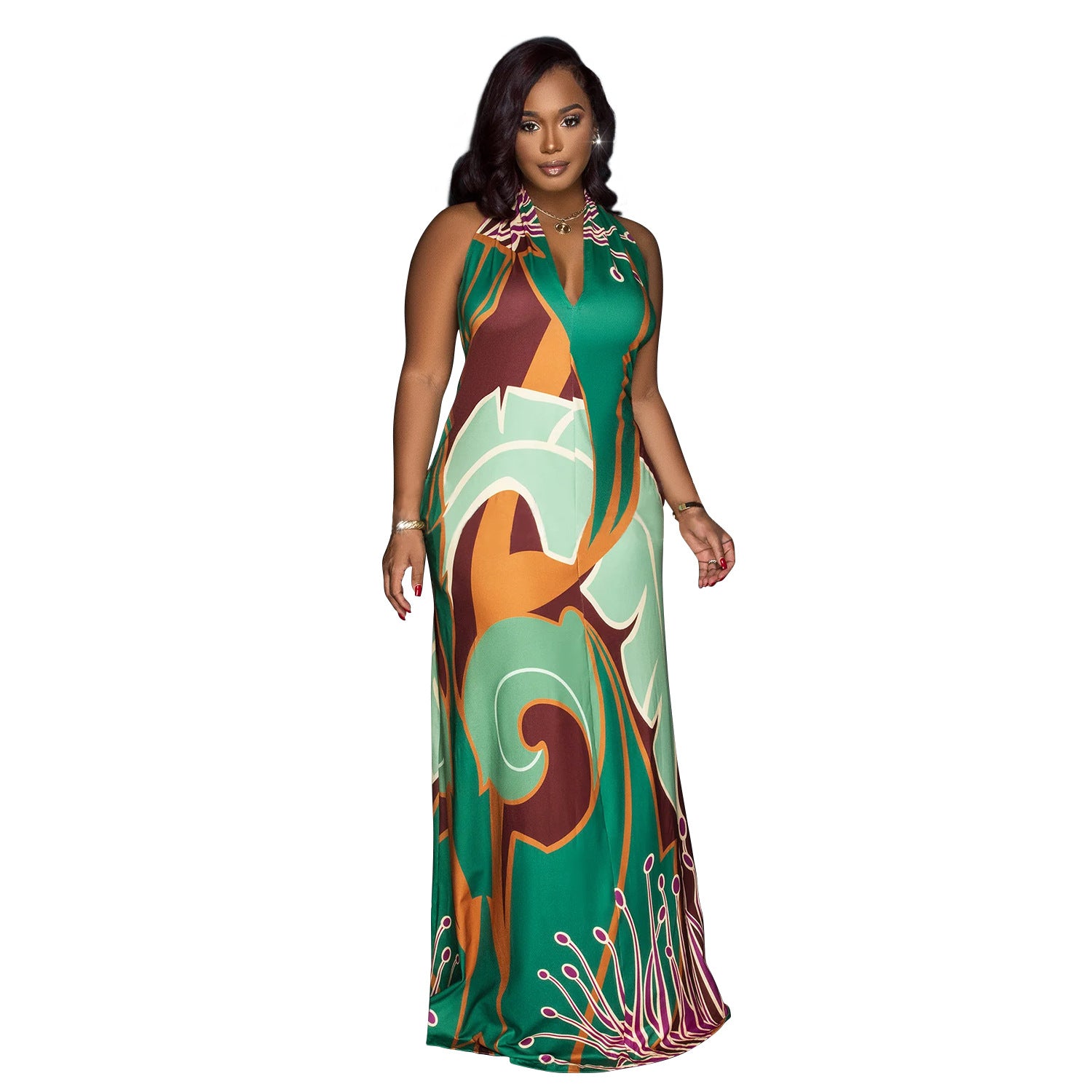 Fashionable Women's Sexy Printed Sleeveless Low Back Maxi Dress 7