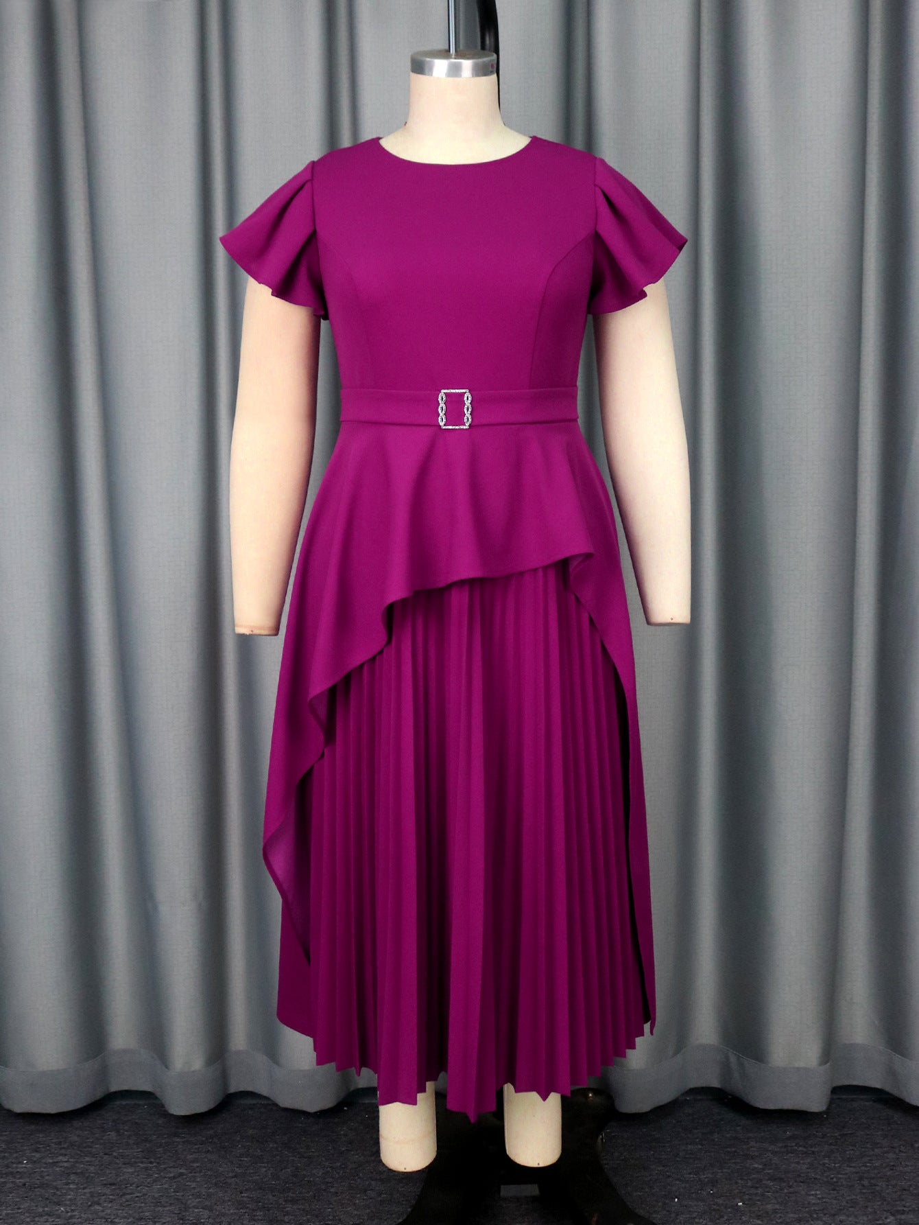 Plus Size Women Round Neck Short Sleeve Irregular Ruffle Elegant Dress 12