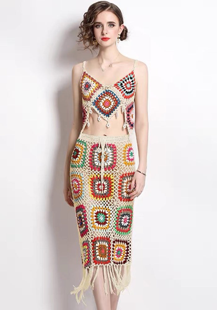 Women Beach Holidays Crochet Hollow Halter Neck Backless Top and Tassel Bodycon Skirt Two-piece Set