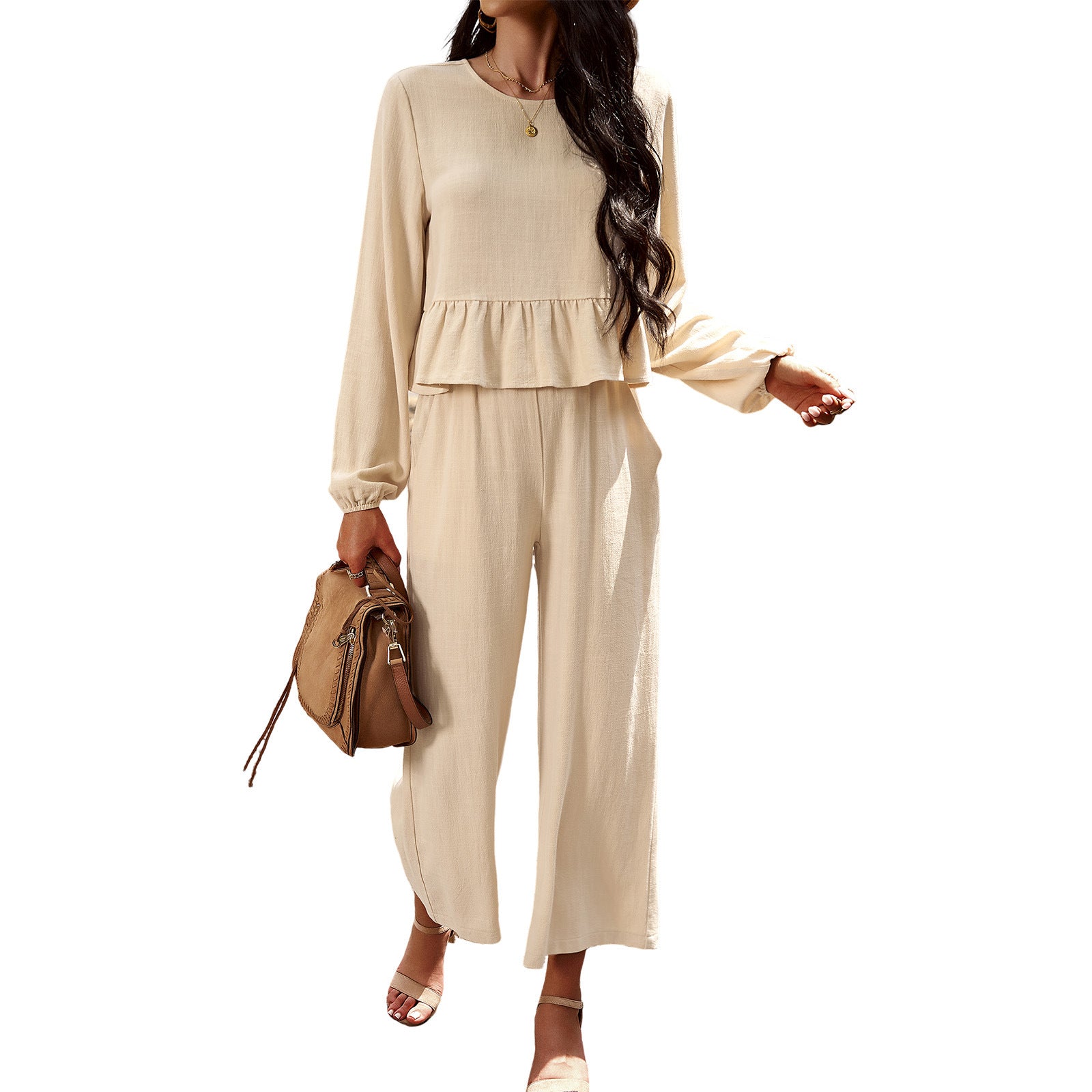 Women's Fall Winter Chic Casual Two Piece Set Solid Color Long Sleeve Top Loose Trousers 9