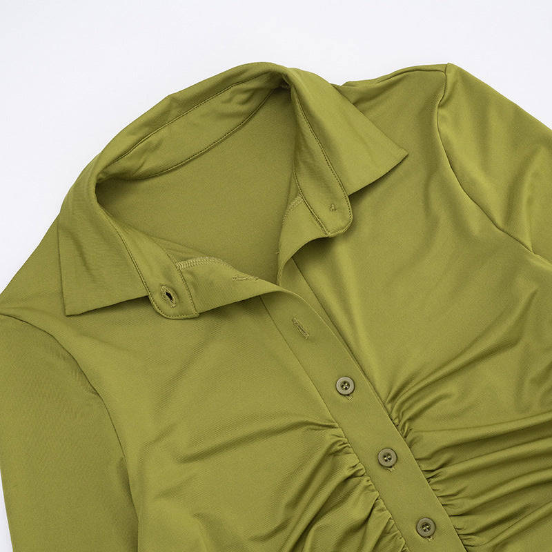 Women's Turn-Down Collar Button Long Sleeve Bodycon Short Dress 21