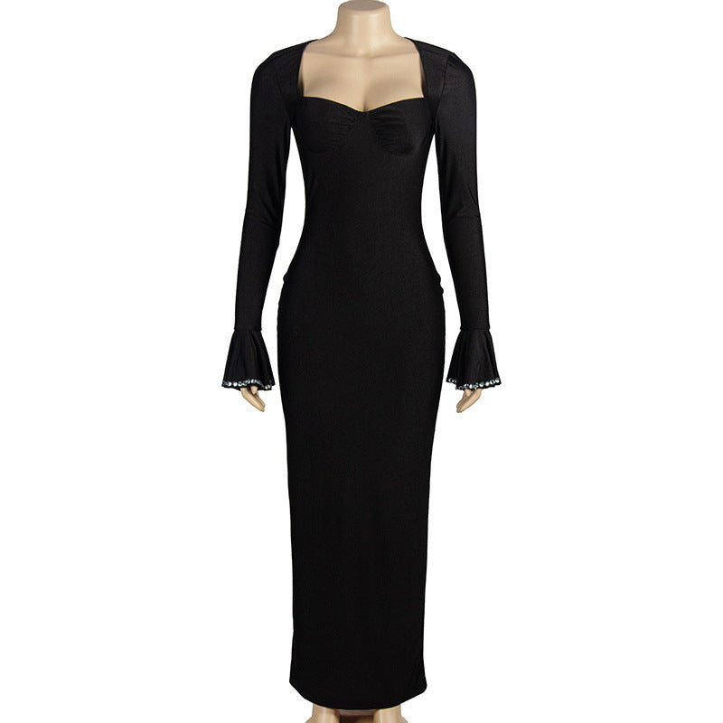 Spring Solid Color Sexy Low-Cut Bell Bottom Sleeve Long Slim High Waist Women's Dress 6