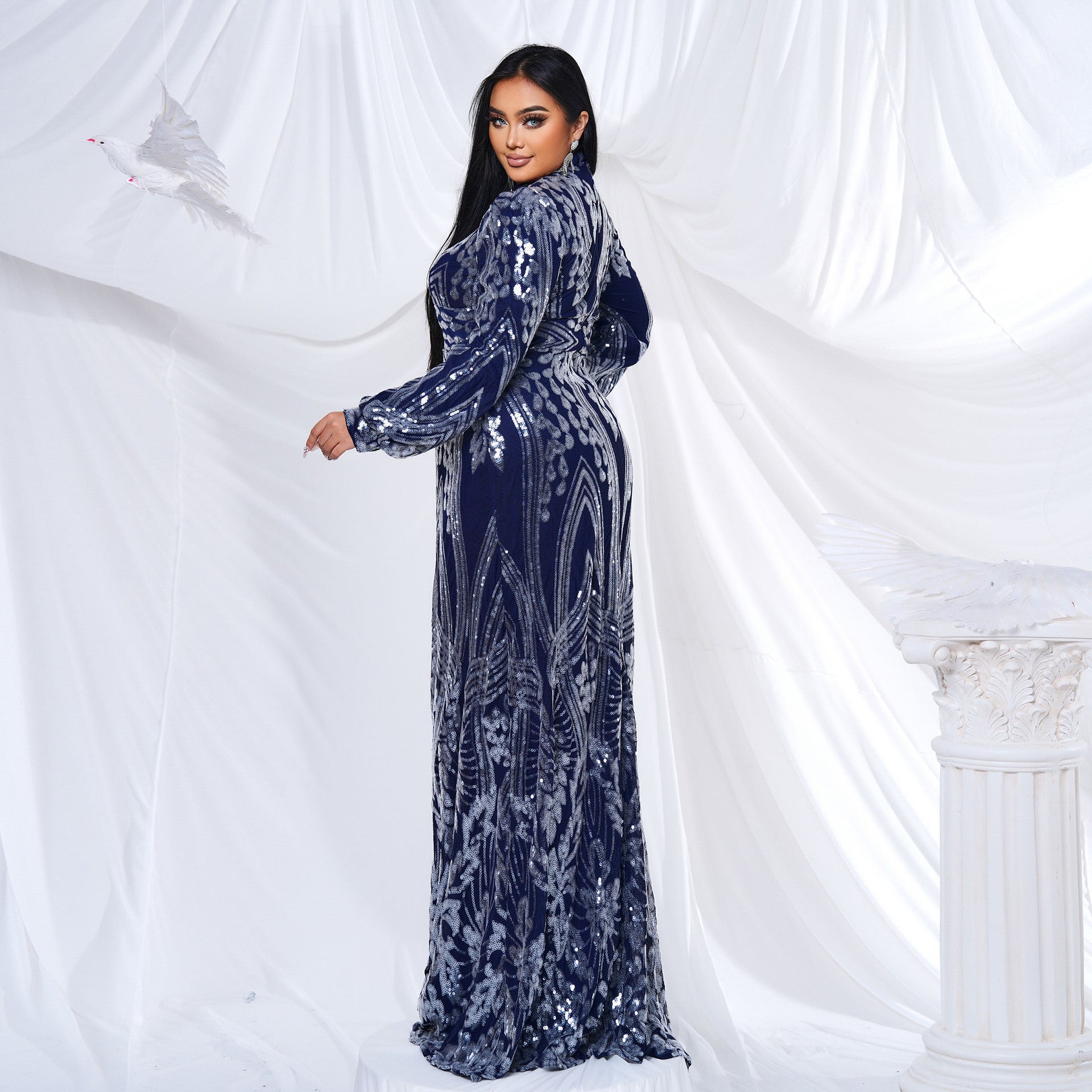 Plus Size Women Long Sleeve Round Neck Formal Party Sequin Maxi Evening Dress 4