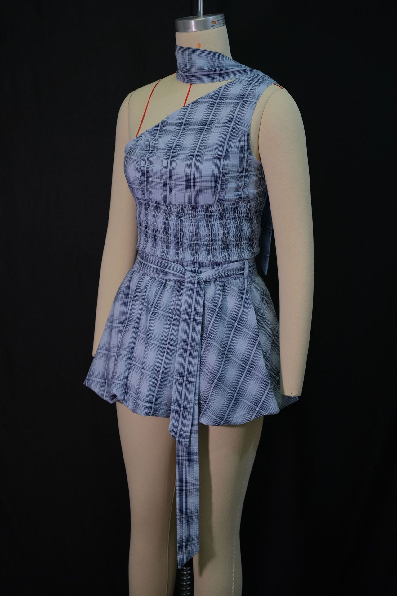 Women's Autumn Fashion Halter Neck Slim Waist Pleated Plaid Skirt Set 7