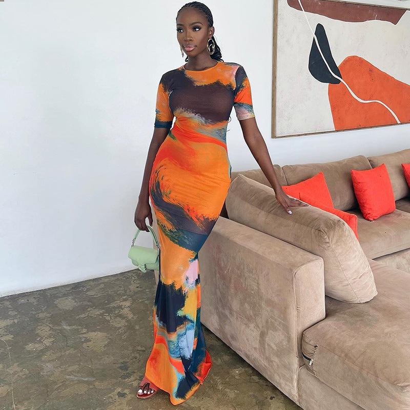 Women's Fashion Printed Round Neck Short Sleeve Street Casual Long Dress