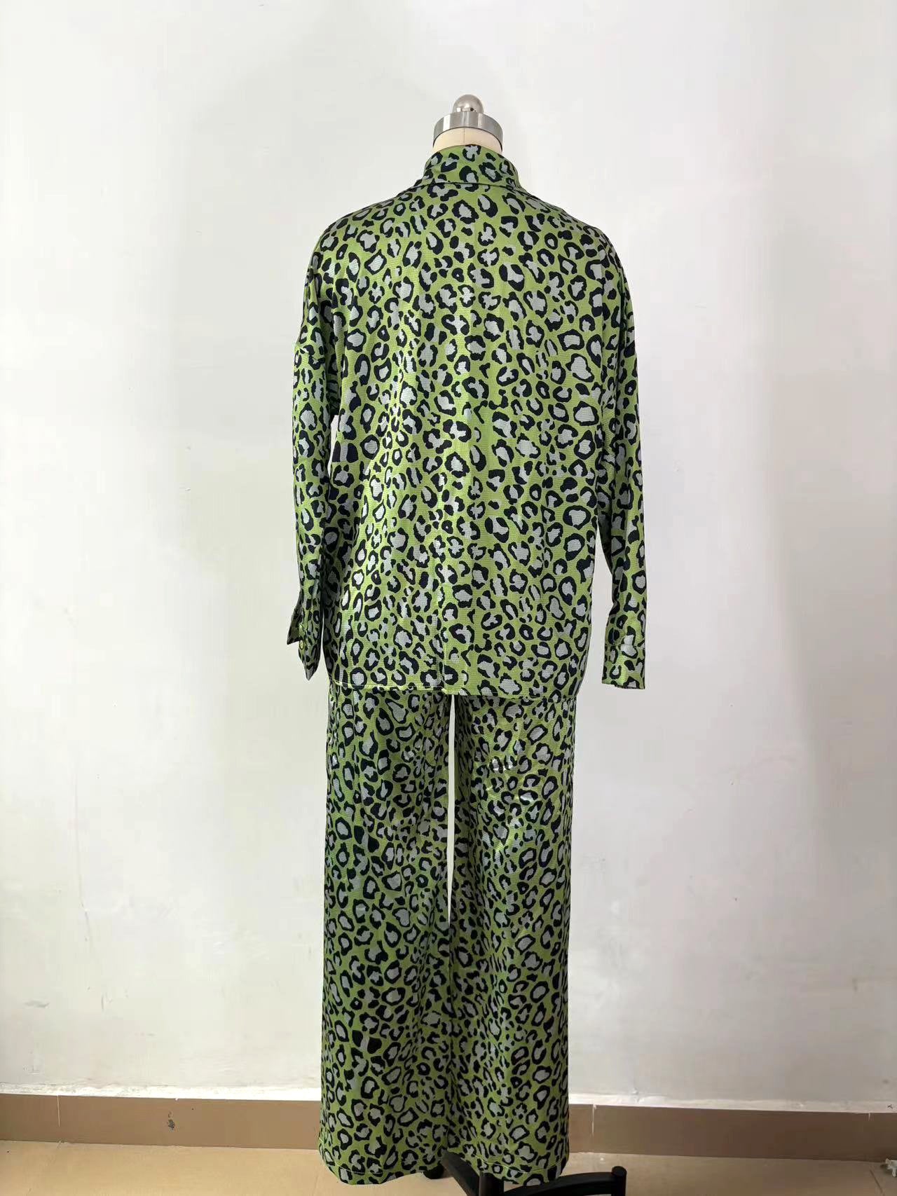 Spring Fashion Casual Women's Leopard Print Long Sleeve Shirt Pants Two Piece Set 9