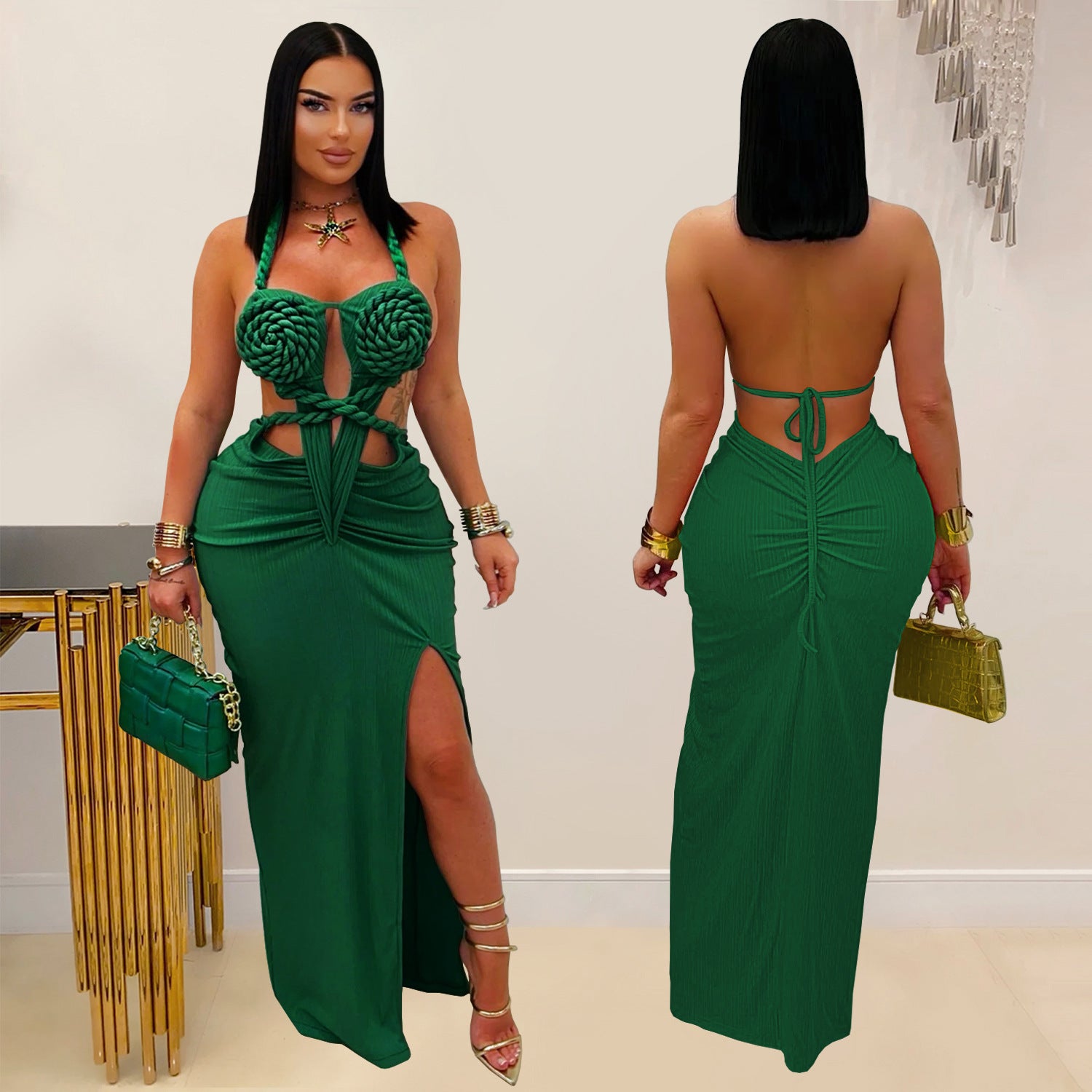 Women sexy knitting Halter Neck Backless Solid Dress 6