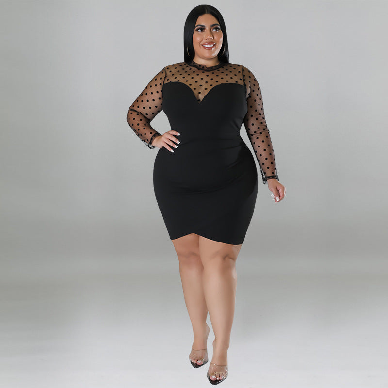Plus Size Sexy Mesh Patchwork Long Sleeve Bodycon Nightclub Women'S Dress 6