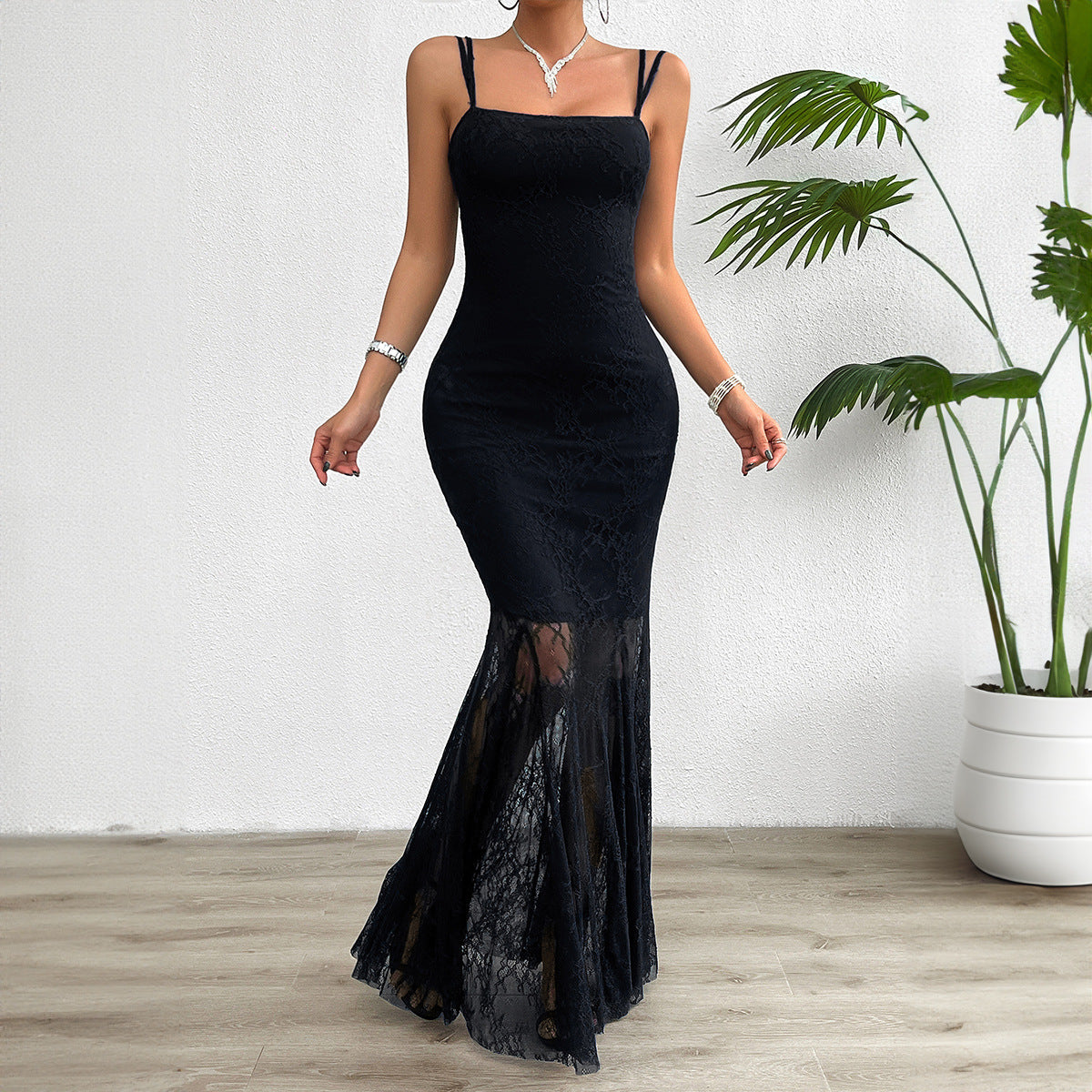 Women's Spring Summer Slim Lace Strap Evening Dress 3
