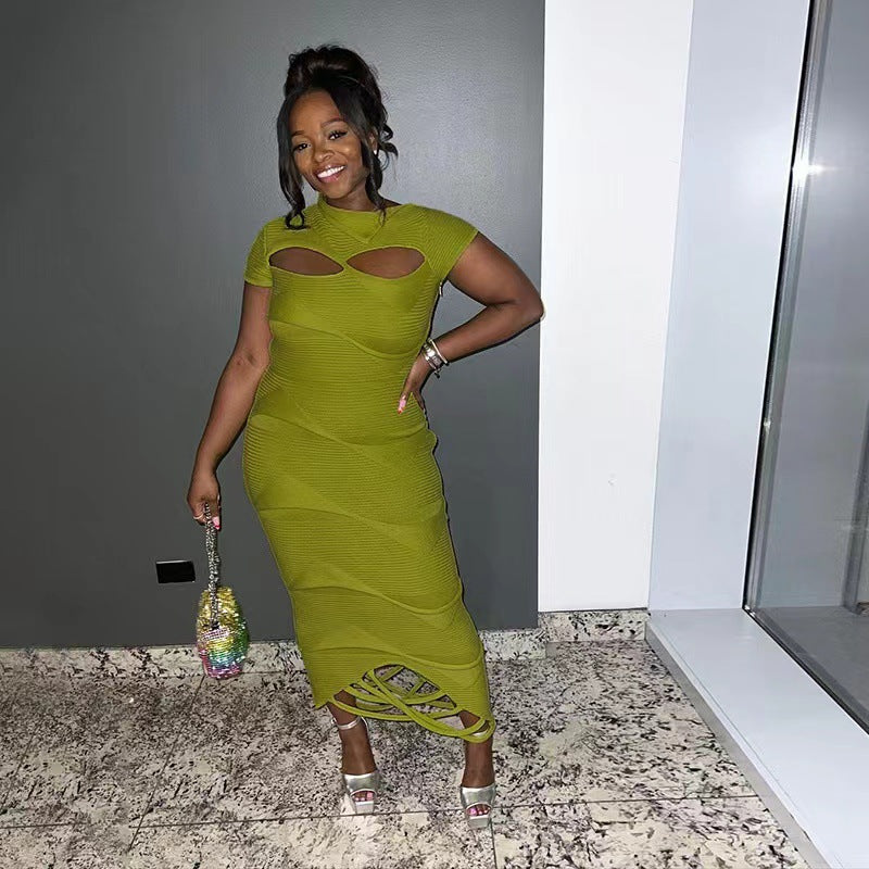 Women Slash Shoulder tassel hollow knitting solid irregular short-sleeved dress