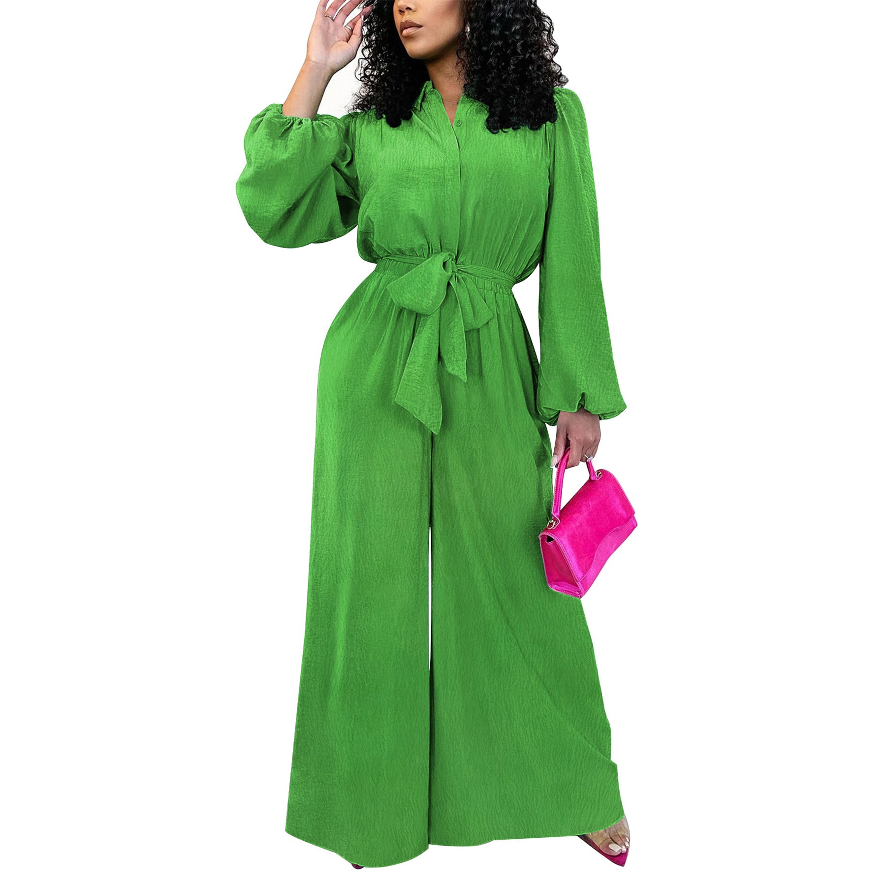 Fashion Women's Lantern Sleeve Solid Color Slim Waist Tie-Front Wide-Leg Jumpsuit 6