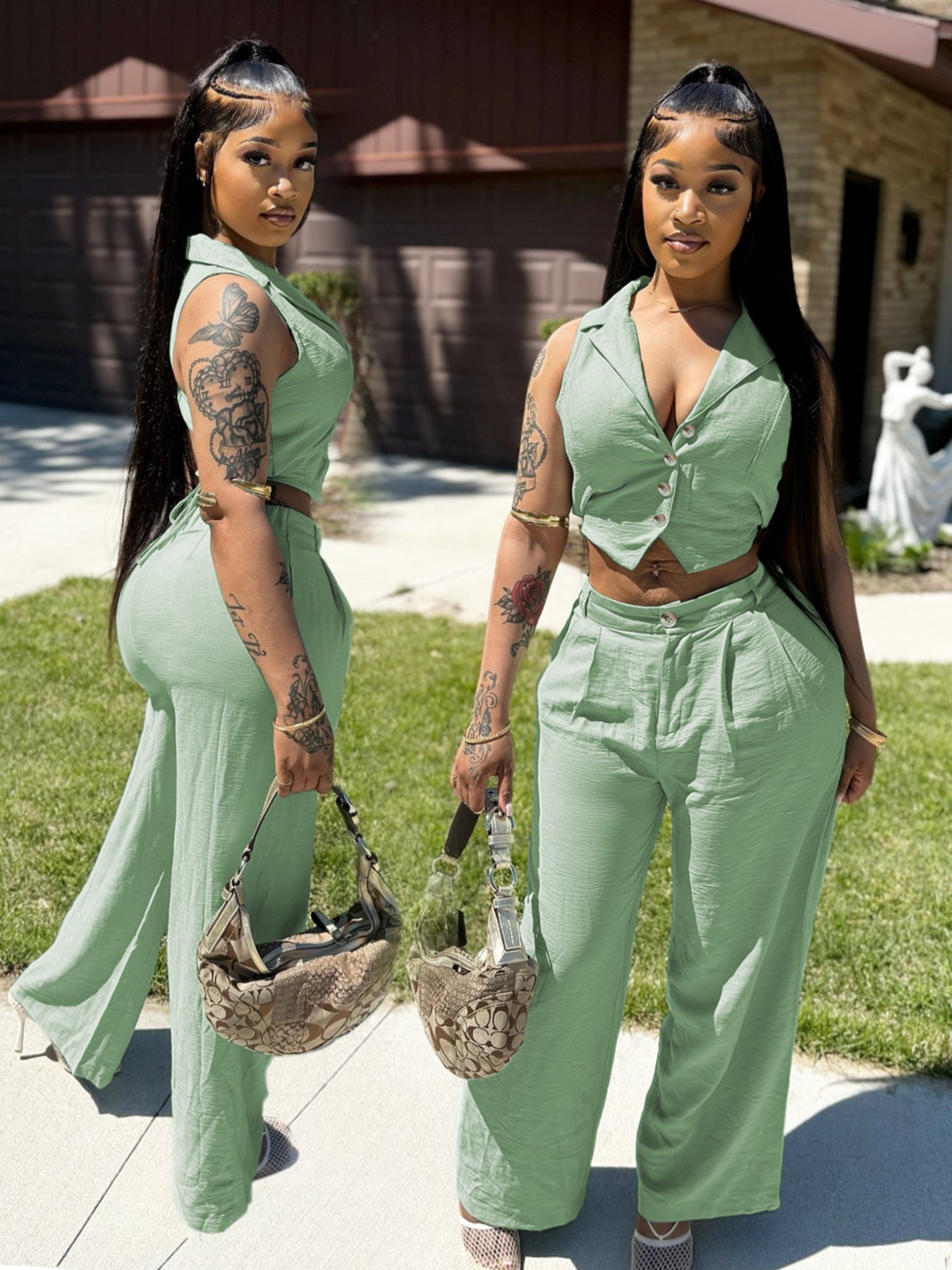 Women's Solid Sleeveless Cropped Back-Tie Top & Casual Pants Set