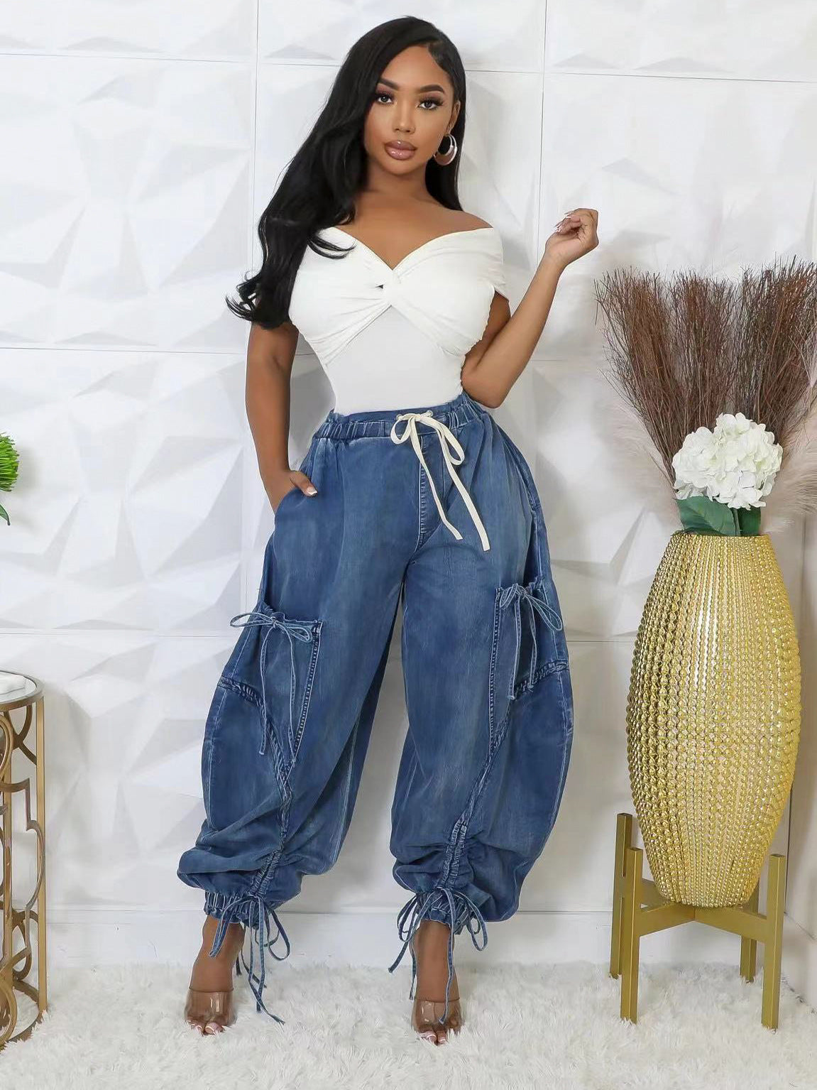 Elastic Waist Drawstring Tie Bow Women Casual Loose Straight Denim Pants