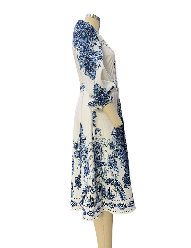 Autumn Women Fashion V-Neck Long Sleeve Bohemian Print Dress 4